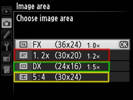 Nikon D800 Image Area menu